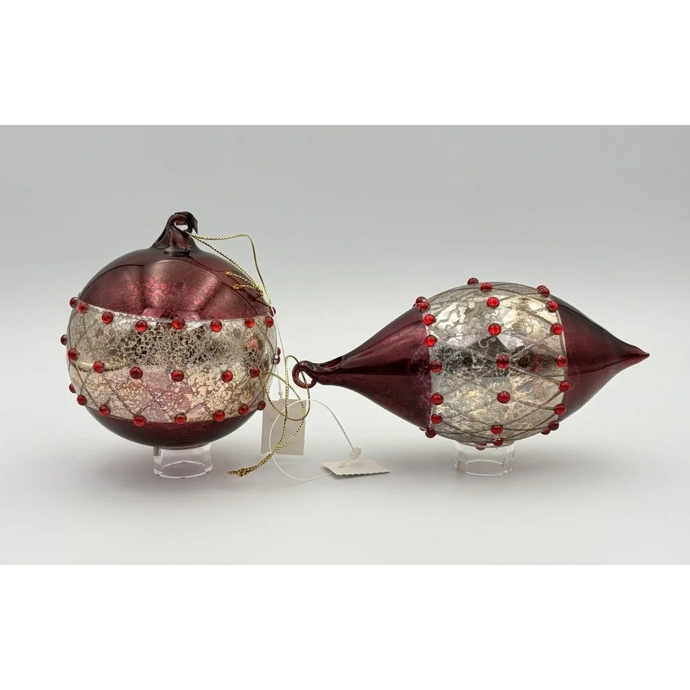 Dillards Trimmings Vintage Mercury Glass Christmas Ornaments Set 2 Burgundy Gold